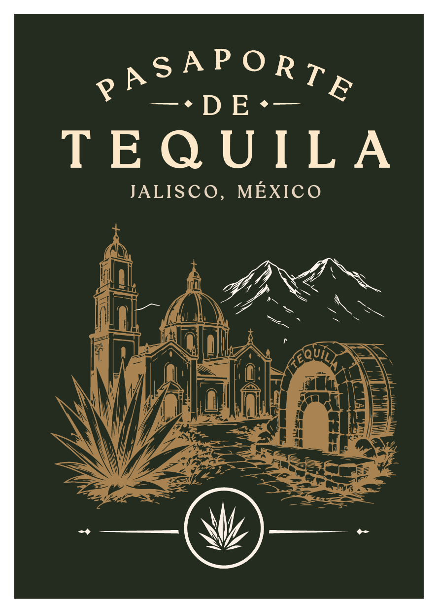 Portada del Pasaporte Turístico de Tequila, Jalisco, México, con ilustración del templo, montañas, un barril y una planta de agave.